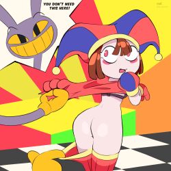Rule 34 | absurdres, ass, crop top, hat bell, highres, jax (the amazing digital circus), jester, jester costume, looking back, multicolored clothes, multicolored headwear, pomni (the amazing digital circus), the amazing digital circus, val (b lentin)