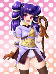 Rule 34 | 1girl, absurdres, archer (ragnarok online), arm strap, armor, armored skirt, belt, black thighhighs, blue bow, blue bowtie, blush, bow, bow panties, bowtie, breastplate, brown gloves, collar, cosplay, cowboy shot, dress, embarrassed, faulds, fire emblem, fire emblem: the sacred stones, flat chest, gloves, gold choker, gold trim, gradient background, hair tie, hand up, highres, long hair, looking at viewer, midorinor, multi-tied hair, myrrh (fire emblem), nintendo, open mouth, pale skin, panties, pee stain, peeing, peeing self, polka dot, polka dot background, purple hair, purple shirt, ragnarok online, red eyes, shiny skin, shirt, short dress, short sleeves, solo, standing, sweatdrop, tearing up, thighhighs, thighs, twintails, underwear, whip, white panties, zettai ryouiki