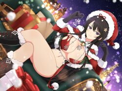 Rule 34 | 1girl, ankle boots, black eyes, black hair, boots, breasts, cape, christmas, christmas ornaments, christmas tree, cleavage, flower-shaped pupils, fur-trimmed headwear, fur trim, gift, gloves, hair ornament, hat, highres, kagura (senran kagura), large breasts, long hair, looking at viewer, navel, official art, outdoors, red hat, santa costume, santa hat, senran kagura, senran kagura new link, sitting, sky, sleigh, smile, snow, snowflake print, star (sky), starry sky, symbol-shaped pupils, thighs