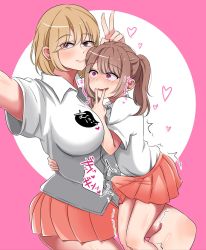Rule 34 | 2girls, age difference, blonde hair, blue eyes, breasts, brown hair, bulge, erection, erection under clothes, futanari, heart, heart-shaped pupils, highres, multiple girls, penis, red eyes, sitting, sitting on lap, sitting on person, symbol-shaped pupils, twintails