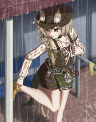 Rule 34 | animal ear fluff, animal ears, arknights, arrow (projectile), artist name, bare legs, beanstalk (arknights), belt, bench, black bra, black hat, blush, bottle, bra, braid, brown eyes, collar, collarbone, commentary request, day, ears through headwear, fang, gloves, green ribbon, hair over shoulder, hair ribbon, hat, highres, id card, infection monitor (arknights), leg up, long hair, long sleeves, looking down, no shoes, open mouth, outdoors, overalls, quiver, rain, ribbon, see-through, see-through sleeves, shironekoban, shirt, single braid, socks, solo, standing, standing on one leg, striped clothes, striped shirt, tile floor, tiles, underwear, undressing, unworn gloves, vertical-striped clothes, vertical-striped shirt, wet, wet clothes, wet shirt, white shirt, yellow gloves, yellow socks