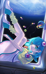 Rule 34 | 1girl, aqua eyes, aqua hair, crop top, cropped jacket, dress, floating, floating hair, from side, gloves, hagoromo lala, hair between eyes, hair ornament, heart, heart hair ornament, highres, jacket, jewelry, kneehighs, leg up, loose socks, necklace, outstretched arms, parted lips, planet, pointy ears, precure, sailor collar, short hair, short sleeves, single glove, socks, solo, space, star-shaped pupils, star (sky), star (symbol), star twinkle precure, symbol-shaped pupils, tareme, white dress, window, yellow jacket, zeroarchive00