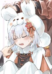 Rule 34 | 1girl, anger vein, animal ears, animal hat, blush, breasts, closed eyes, earrings, fate/grand order, fate (series), flower, fur collar, hair flower, hair ornament, hair ribbon, hat, highres, jewelry, kama (fate), kino kokko, looking at viewer, open mouth, rabbit ears, ribbon, short hair, small breasts, solo focus, tassel, white hair, white headwear