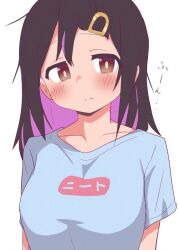 Rule 34 | 1girl, black hair, blue shirt, blush, brown eyes, collarbone, colored inner hair, commentary, cosplay, frown, hair between eyes, hair down, hair ornament, hairclip, hatafuta, long hair, looking at viewer, multicolored hair, onii-chan wa oshimai!, oyama mahiro, oyama mahiro (cosplay), oyama mihari, purple hair, shirt, short sleeves, simple background, solo, t-shirt, two-tone hair, upper body, white background