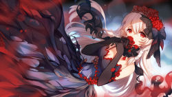 Rule 34 | 1girl, bison cangshu, black bow, black dress, black gloves, bow, breasts, chaser (warship girls r), cleavage, covered erect nipples, dress, elbow gloves, flower, gloves, hair bow, hair flower, hair ornament, highres, large breasts, long hair, looking at viewer, petals, red eyes, red flower, red rose, rose, rose petals, solo, very long hair, warship girls r, white hair