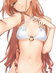 Rule 34 | 1girl, 92m, arisugawa natsuha, bare shoulders, bikini, bikini pull, breasts, brown eyes, clothes pull, drill hair, earrings, groin, hand under clothes, hand under swimsuit, hands up, head tilt, highres, hip bones, idolmaster, idolmaster shiny colors, jewelry, light smile, long hair, looking at viewer, medium breasts, navel, o-ring, o-ring top, orange hair, selfie, simple background, smile, solo, swimsuit, upper body, white background, white bikini