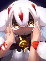 Rule 34 | 1boy, 1girl, black skin, blush, claws, colored skin, dark skin, extra arms, faputa, fur, highres, looking at viewer, made in abyss, monster girl, pov, strap slip, tab head, very dark skin, white hair