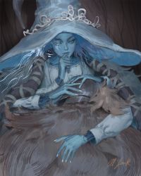 Rule 34 | 1girl, 1other, aljerek, ambiguous gender, aqua eyes, armor, bloody wolf (elden ring), blue hair, blue lips, blue skin, brown cloak, cloak, closed mouth, colored skin, commentary, doll joints, dress, elden ring, english commentary, extra arms, extra faces, fingernails, from behind, full armor, fur cloak, hand on another&#039;s face, hand on another&#039;s head, hat, helmet, highres, hug, joints, lips, long hair, long sleeves, looking at another, nail polish, one eye closed, ranni the witch, signature, tarnished (elden ring), white dress, white headwear, white nails, witch, witch hat