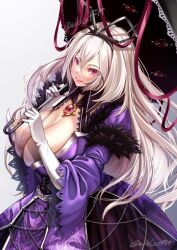 1girl adapted_costume blonde_hair breasts cleavage closed_mouth commentary_request cross-laced_clothes dress fur_trim gloves grey_background hair_ribbon huge_breasts jewelry long_hair long_sleeves looking_at_viewer purple_dress purple_eyes ribbon skindentation smile solo touhou twitter_username umbrella white_gloves wide_sleeves wildcat_(kusonemi) yakumo_yukari