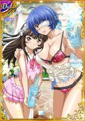 Rule 34 | 00s, 2girls, blue hair, blush, breasts, brown hair, card (medium), cleavage, female focus, ikkitousen, large breasts, long hair, looking at viewer, multiple girls, official art, ryomou shimei, short hair, small breasts, smile, ten&#039;i (ikkitousen)