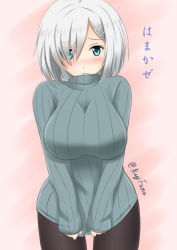 Rule 34 | 10s, 1girl, black pantyhose, blue eyes, blush, breasts, casual, character name, clothes tug, fuuma nagi, hair ornament, hair over one eye, hairclip, hamakaze (kancolle), kantai collection, large breasts, looking at viewer, pantyhose, personification, pink background, ribbed sweater, short hair, silver hair, solo, sweater, sweater tug, translation request, wavy mouth