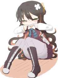 Rule 34 | 10s, 1girl, blue bow, blue bowtie, blush, boots, bow, bowtie, clenched teeth, closed eyes, cross-laced footwear, fang, full body, grimace, kantai collection, knee boots, long hair, long sleeves, naganami (kancolle), open mouth, pantyhose, pleated skirt, red skirt, sitting, skirt, solo, tamute (2580rs), teeth, vest