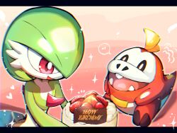 Rule 34 | 1girl, birthday cake, black eyes, bob cut, bright pupils, cake, chikuwa1310, chromatic aberration, colored skin, cream, creatures (company), english text, fangs, female focus, flat chest, food, fruit, fuecoco, full body, game freak, gardevoir, gen 3 pokemon, gradient background, green hair, green skin, hair over one eye, happy, happy birthday, heart, holding, holding food, letterboxed, multicolored skin, musical note, nintendo, one eye covered, open mouth, pokemon, pokemon (creature), red background, red eyes, short hair, simple background, sitting, smile, sparkle, speech bubble, spoken musical note, strawberry, two-tone skin, white pupils, white skin