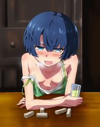 Rule 34 | 10s, 1girl, ano natsu de matteru, bad id, bad pixiv id, blue eyes, blue hair, blush, breasts, camisole, cleavage, cup, downblouse, drinking glass, drunk, extended downblouse, fujisawa takashi, leaning forward, matching hair/eyes, navel, off shoulder, open mouth, shirt, short hair, small breasts, solo, strap slip, table, tanigawa kanna