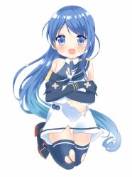 Rule 34 | 1girl, black footwear, black gloves, black panties, black thighhighs, blue eyes, blue hair, blush, chutney, collared shirt, commentary request, elbow gloves, full body, gloves, gradient hair, kantai collection, long hair, looking at viewer, multicolored hair, open mouth, panties, samidare (kancolle), school uniform, serafuku, shirt, shoes, simple background, skirt, sleeveless, sleeveless shirt, solo, thighhighs, torn clothes, torn shirt, torn skirt, underwear, very long hair, white background, white shirt, white skirt