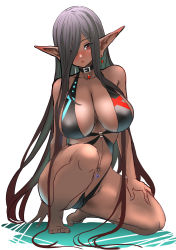 Rule 34 | 1girl, absurdres, barefoot, black collar, black hair, black one-piece swimsuit, blush, breasts, brown hair, cleavage, collar, commentary request, dark-skinned female, dark elf, dark skin, elf, gradient hair, hair between eyes, hey taisyou, highres, jewelry, large breasts, long hair, looking at viewer, multicolored hair, navel piercing, o-ring, o-ring swimsuit, one-piece swimsuit, on one knee, original, parted lips, piercing, pointy ears, simple background, solo, swimsuit, very long hair