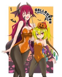 Rule 34 | &gt;:), 2girls, 3692materia, :d, ^ ^, alternate costume, bare shoulders, bat wings, black legwear, blonde hair, blush, breasts, bridal gauntlets, cape, cleavage, closed eyes, fake horns, fang, fang out, flandre scarlet, hair ornament, halloween, halloween costume, head wings, highres, horns, jack-o&#039;-lantern, jack-o&#039;-lantern hair ornament, koakuma, large breasts, leotard, long hair, looking at viewer, multiple girls, nontraditional playboy bunny, open mouth, pantyhose, playboy bunny, red eyes, red hair, short hair, side ponytail, smile, touhou, trick or treat, v-shaped eyebrows, wand, wings