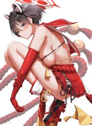 Rule 34 | 1girl, absurdres, animal ears, black hair, blue archive, breast curtain, breasts, elbow gloves, from side, geta, gloves, halo, highres, knees up, large breasts, red gloves, red halo, red skirt, revealing clothes, rope, rope belt, sailor collar, shimenawa, short hair, sideboob, sideless outfit, skirt, socks, tassel, tsubaki (blue archive), white socks, yo na