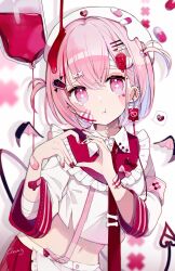 Rule 34 | + +, 1girl, bandages, bandaid, bandaid on arm, blood, blood bag, breasts, chon (chon33v), cleavage, demon tail, demon wings, ear piercing, gauze on cheek, hair ornament, heart, heart hands, highres, looking at viewer, necktie, original, piercing, pink armband, pink eyes, pink hair, red necktie, small breasts, solo, tail, wings
