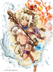 Rule 34 | 1girl, ahoge, akino coto, animal ears, ankh, anklet, armlet, bandeau, barefoot, blonde hair, blush, bracer, breasts, dark-skinned female, dark skin, egyptian, eye of horus, fang, fire, full body, hair ornament, highres, holding, holding staff, jewelry, lion ears, lion tail, looking at viewer, medium breasts, navel, necklace, official art, open mouth, original, pelvic curtain, short hair, solo, staff, strapless, swept bangs, tail, tattoo, thighlet, transparent background, water, watermark