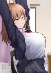 Rule 34 | 1girl, ahoge, bedroom, black skirt, blazer, breasts, brown hair, closed eyes, closed mouth, from side, indoors, jacket, large breasts, open clothes, open jacket, original, pleated skirt, school uniform, shirt tucked in, skirt, solo, stretching, xiujia yihuizi