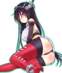 Rule 34 | 10s, 1girl, ass, ayamoto, black hair, black panties, blush, breasts, elbow gloves, gloves, headgear, kantai collection, large breasts, long hair, nagato (kancolle), panties, pantyshot, personification, red eyes, skirt, solo, thighhighs, underwear, upskirt