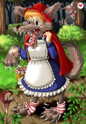 Rule 34 | animal hands, blue eyes, brown hair, edmol, little red riding hood, open mouth, tail, transformation, wolf