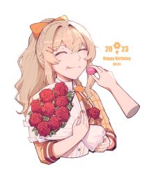 Rule 34 | 1girl, 1other, :q, blonde hair, bouquet, bow, bowtie, buttons, closed eyes, closed mouth, collared shirt, commentary, cropped torso, crossed bangs, dated, disembodied limb, feeding, fingernails, flower, flower (symbol), food, food on face, hair between eyes, hair bow, hair ornament, hairclip, hands up, happy birthday, highres, holding, holding bouquet, holding food, jacket, light blush, long hair, macaron, nail polish, official alternate costume, official alternate hairstyle, open clothes, open jacket, orange bow, orange bowtie, orange jacket, orange nails, plaid, plaid jacket, ponytail, red flower, red rose, rickonrk, rose, saijou claudine, shirt, shoujo kageki revue starlight, shoujo kageki revue starlight -re live-, sidelocks, simple background, sleeves past elbows, smile, solo focus, sparkle, tongue, tongue out, upper body, wavy hair, white background, white shirt
