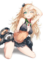 Rule 34 | 1girl, absurdres, alternate costume, arm behind back, armpits, bare shoulders, black skirt, blonde hair, blush, breasts, cleavage, collarbone, covered navel, fang, girls&#039; frontline, gloves, green eyes, hair between eyes, hair ornament, hairband, hand on own head, hansal, highres, italian flag neckwear, kneeling, long hair, looking at viewer, machinery, medium breasts, messy hair, neckerchief, no bra, one eye closed, open mouth, orange hairband, pleated skirt, s.a.t.8 (girls&#039; frontline), shield module, shirt, sidelocks, simple background, skirt, sleeveless, sleeveless shirt, smile, solo, thighs, very long hair, white background