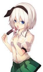 Rule 34 | 1girl, black hairband, black ribbon, blue eyes, blush, breasts, buttons, chiroru (cheese-roll), cowboy shot, dress shirt, food, green skirt, hair between eyes, hair ribbon, hairband, hands up, highres, holding, ice cream, konpaku youmu, looking at viewer, miniskirt, pleated skirt, popsicle, puffy short sleeves, puffy sleeves, ribbon, shirt, short hair, short sleeves, silver hair, simple background, skirt, solo, standing, sweat, teeth, tongue, tongue out, touhou, upper teeth only, white background, white shirt
