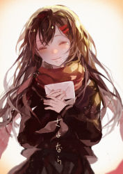 Rule 34 | 1girl, black hair, closed eyes, coaoto, colored eyelashes, floating scarf, hair ornament, hairclip, highres, kagerou project, koaoto, letter, long hair, long scarf, red scarf, scarf, school uniform, serafuku, sketch, solo, tateyama ayano, tears