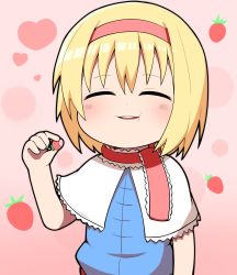 Rule 34 | 1girl, :t, alice margatroid, blonde hair, blue dress, blush, capelet, closed eyes, commentary request, cookie (touhou), dress, eating, flat chest, food, frilled capelet, frilled scarf, frills, fruit, hairband, highres, holding, holding food, ichigo (cookie), madore, name connection, object namesake, open mouth, pink background, red hairband, red scarf, scarf, short hair, smile, solo, strawberry, touhou, upper body, white capelet