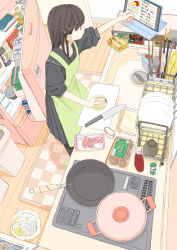 Rule 34 | 1girl, apron, black pantyhose, black sailor collar, black serafuku, black shirt, black skirt, blush, brown eyes, brown hair, checkered floor, chopsticks, closed mouth, commentary request, cooking, cutting board, faucet, food, from above, frying pan, green apron, hair ornament, hairclip, highres, holding, holding food, indoors, kitchen, knife, long hair, meat, onion, original, pantyhose, plate, pot, profile, recipe (object), refrigerator, sailor collar, school uniform, serafuku, shirt, skirt, sleeves pushed up, solo, spoon, standing, tablet pc, trash can, usui harusame, v-shaped eyebrows, wooden floor, x hair ornament