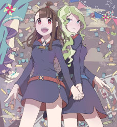 Rule 34 | 10s, 2girls, absurdres, back-to-back, blue eyes, brown hair, candy, diana cavendish, dress, food, green hair, holding hands, highres, kagari atsuko, little witch academia, long hair, looking at viewer, multicolored hair, multiple girls, open mouth, red eyes, school uniform, smile, yuri