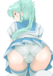 Rule 34 | 1girl, all fours, aqua hair, ass, blue skirt, blush, from behind, long hair, looking back, original, panties, purple eyes, school uniform, shinto i, shirt, short sleeves, side ponytail, skirt, solo, thighhighs, underwear, upskirt, white background, white panties, white shirt, white thighhighs