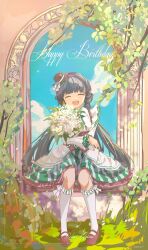 Rule 34 | 1girl, blue hair, blunt bangs, bouquet, bush, closed eyes, cloud, dress, facing viewer, flower, frilled dress, frills, grass, happy, happy birthday, hat, highres, idolmaster, idolmaster million live!, kitakami reika, kneehighs, long hair, long sleeves, open mouth, qs11, sitting, sky, smile, socks, striped clothes, striped dress, tree, twintails, very long hair, windowsill