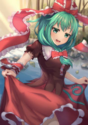 Rule 34 | 1girl, arm ribbon, autumn leaves, blush, bow, clothes lift, commentary request, dot nose, dress, dress lift, eyebrows hidden by hair, eyelashes, forest, frilled ribbon, frills, front ponytail, grass, green eyes, green hair, hair bow, hair ribbon, happy, highres, kagiyama hina, lifting own clothes, long hair, looking at viewer, nature, open mouth, red dress, red ribbon, reflection, ribbon, river, solo, standing, touhou, tree, urochii (ju2ti6jgpt), water