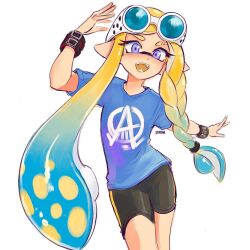 Rule 34 | 1girl, asymmetrical sidelocks, big hair, bike shorts, blonde hair, blue hair, blue shirt, braid, braided sidelock, colored eyelashes, commentary, commission, english commentary, eyebrow cut, goggles, goggles on head, gradient hair, highres, inkling, inkling girl, inkling player character, long hair, low-tied sidelocks, multicolored hair, nintendo, open mouth, pointy ears, print shirt, purple eyes, seatha, shirt, simple background, single braid, smile, solo, splatoon (series), teeth, tentacle hair, two-tone hair, very long hair, watch, white background, wristwatch
