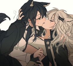 Rule 34 | 2girls, alcohol, alternate costume, animal ear fluff, animal ear piercing, animal ears, antenna hair, arknights, arm behind head, bandeau, black hair, black jacket, black nails, black necktie, black tail, black undershirt, blush, bottle, breasts, buttons, closed eyes, collared shirt, commentary, double-parted bangs, dress shirt, drink, drooling, extra ears, facing ahead, facing another, fingernails, formal, french kiss, grey hair, hair between eyes, hair ornament, hairclip, hand in another&#039;s hair, hand on another&#039;s head, hand up, head grab, high collar, holding, holding bottle, holding drink, jacket, kiss, lapels, lappland (arknights), layered sleeves, long hair, long sleeves, looking ahead, looking at another, lying, lying on person, medium breasts, messy hair, midriff peek, motion lines, multiple girls, nail polish, necktie, notched lapels, on back, on stomach, open clothes, open jacket, open mouth, piercing, profile, saliva, scar, scar across eye, scar on face, seri (vyrlw), shade, shadow, shirt, sidelocks, simple background, sleeve cuffs, sweatdrop, symbol-only commentary, tail, texas (arknights), tongue, tongue out, unbuttoned, unbuttoned shirt, undershirt, upper body, white background, white bandeau, white shirt, wine, wine bottle, wing collar, wolf ears, wolf girl, wolf tail, yellow eyes, yuri