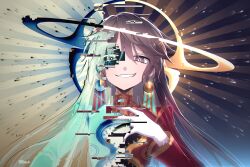 Rule 34 | 1girl, absurdres, brown hair, chromatic aberration, earrings, glitch, gloves, halo, hand on own chest, highres, inverted colors, jewelry, looking at viewer, smile, tagme, trou noir, white gloves