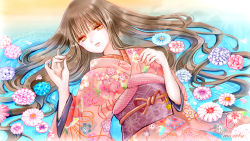 Rule 34 | 1girl, artist name, bell, brown eyes, brown hair, floral print, flower, hand up, highres, japanese clothes, jingle bell, kimono, long hair, looking at viewer, lying, micophylite, obi, on back, on water, original, pink kimono, print kimono, ripples, sash, solo, very long hair