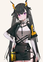 Rule 34 | 1girl, absurdres, arknights, arknights: endfield, arm at side, belt, belt buckle, belt pouch, black capelet, black hair, black skirt, breasts, buckle, capelet, closed mouth, clothes writing, cowboy shot, dragon horns, chen qianyu (arknights), hand on own hip, head tilt, highres, horns, impossible clothes, impossible shirt, large breasts, long hair, long sleeves, looking at viewer, miniskirt, pouch, prototype design, purple eyes, roupo99, shirt, side slit, simple background, skirt, sleeves past wrists, smile, solo, twintails, very long hair, white background