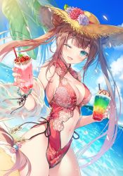 Rule 34 | 1girl, ;d, aqua eyes, bare shoulders, beach, breasts, brown hair, brown hat, center opening, chinese clothes, cleavage, cowboy shot, day, double bun, dutch angle, flower, hair bun, hat, hat flower, holding, large breasts, long hair, looking at viewer, miwabe sakura, navel, ocean, one-piece swimsuit, one eye closed, open mouth, original, outdoors, palm leaf, parfait, pelvic curtain, red one-piece swimsuit, see-through, sidelocks, smile, solo, stomach, straw hat, summer, sunlight, swimsuit, thighs, tropical drink, twintails, very long hair
