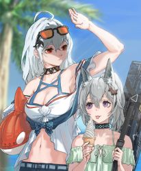 Rule 34 | 2girls, :p, ahoge, animal ears, arknights, arm up, armpits, bag, bare shoulders, black choker, blouse, blue bow, blue sky, bow, breasts, choker, cleavage, collar, collarbone, day, eyewear on head, food, grani (arknights), green shirt, hair between eyes, height difference, highres, holding, holding food, horse ears, horse girl, horse hair ornament, ice cream, ice cream cone, infection monitor (arknights), inflatable orca, inflatable toy, long hair, looking away, looking to the side, medium breasts, multiple girls, navel, off-shoulder shirt, off shoulder, official alternate costume, orange-tinted eyewear, orca hair ornament, outdoors, palm tree, polka dot, polka dot bow, ponytail, purple eyes, red eyes, shading eyes, shirt, silver hair, skadi (arknights), skadi (waverider) (arknights), sky, smile, stomach, sunglasses, tinted eyewear, tongue, tongue out, tree, xia oekaki