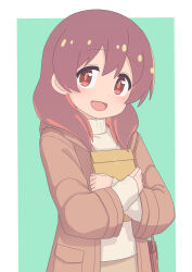 Rule 34 | 1girl, :d, bag, brown coat, brown eyes, brown hair, coat, commentary, green background, hair between eyes, hair over shoulder, highres, long hair, long sleeves, looking at viewer, multicolored hair, murosaki miyo, hugging object, onii-chan wa oshimai!, open mouth, paper bag, red hair, rundraw, simple background, smile, solo, sweater, two-tone hair, white sweater