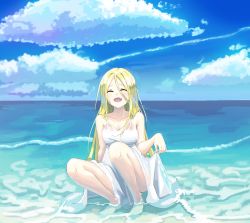 Rule 34 | 1girl, blonde hair, blush, bow, breasts, collarbone, dress, closed eyes, hair bow, highres, long hair, medium breasts, ocean, open mouth, original, sansu, sky, smile, solo, squatting, wet, white dress