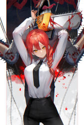Rule 34 | 1boy, 1girl, black necktie, black pants, blood, blood on clothes, bloody weapon, braid, breasts, chainsaw, chainsaw man, closed mouth, denji (chainsaw man), large breasts, long hair, long sleeves, looking at viewer, makima (chainsaw man), medium breasts, necktie, pants, red hair, ringed eyes, scottie (phantom2), sharp teeth, shirt, smile, teeth, tongue, tongue out, weapon, white shirt, yellow eyes