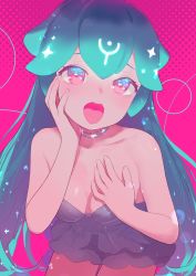 Rule 34 | 1girl, aqua hair, bao (vtuber), bao (vtuber) (1st costume), blue hair, blush, breasts, dress, female focus, hand on own chest, hand on own face, highres, indie virtual youtuber, jewelry, liquid hair, long hair, looking at viewer, medium breasts, multicolored hair, open mouth, pink eyes, pumpkinspicelatte, purple dress, simple background, solo, sparkle, strapless, strapless dress, teeth, upper teeth only, very long hair, virtual youtuber