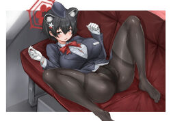 Rule 34 | 1girl, 41 (chvinyau), animal ears, black eyes, black hair, black hat, black jacket, black pantyhose, blue archive, bow, bowtie, breasts, button gap, chinese commentary, commentary request, couch, garrison cap, gloves, hair ornament, halo, hat, highres, jacket, large breasts, long hair, looking at viewer, lying, official alternate costume, on back, on couch, pantyhose, raccoon ears, raccoon girl, red bow, red bowtie, red halo, short hair, solo, tsubaki (blue archive), tsubaki (guide) (blue archive), white gloves