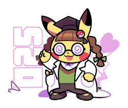 Rule 34 | :3, :d, artsy-rc, braid, brown hair, clothed pokemon, clothes hanger, coke-bottle glasses, cosplay pikachu, creatures (company), full body, game freak, gen 1 pokemon, glasses, green shirt, hand up, hat, highres, lab coat, mortarboard, nintendo, no humans, open mouth, pants, pikachu, pikachu phd, pokedex number, pokemon, pokemon (creature), shirt, shoes, signature, smile, solo, twin braids, white background